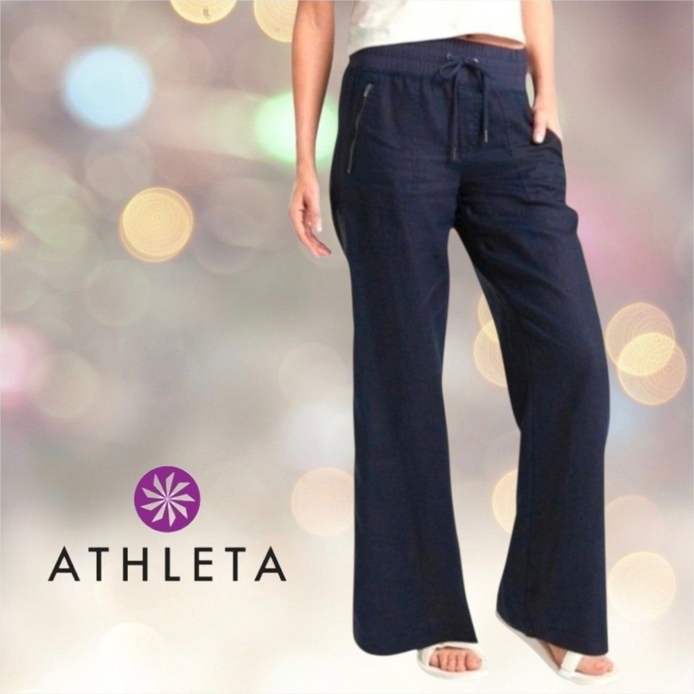 Athleta Womens Cabo Linen Wide Leg Pants Navy Blue 4x30" Inseam